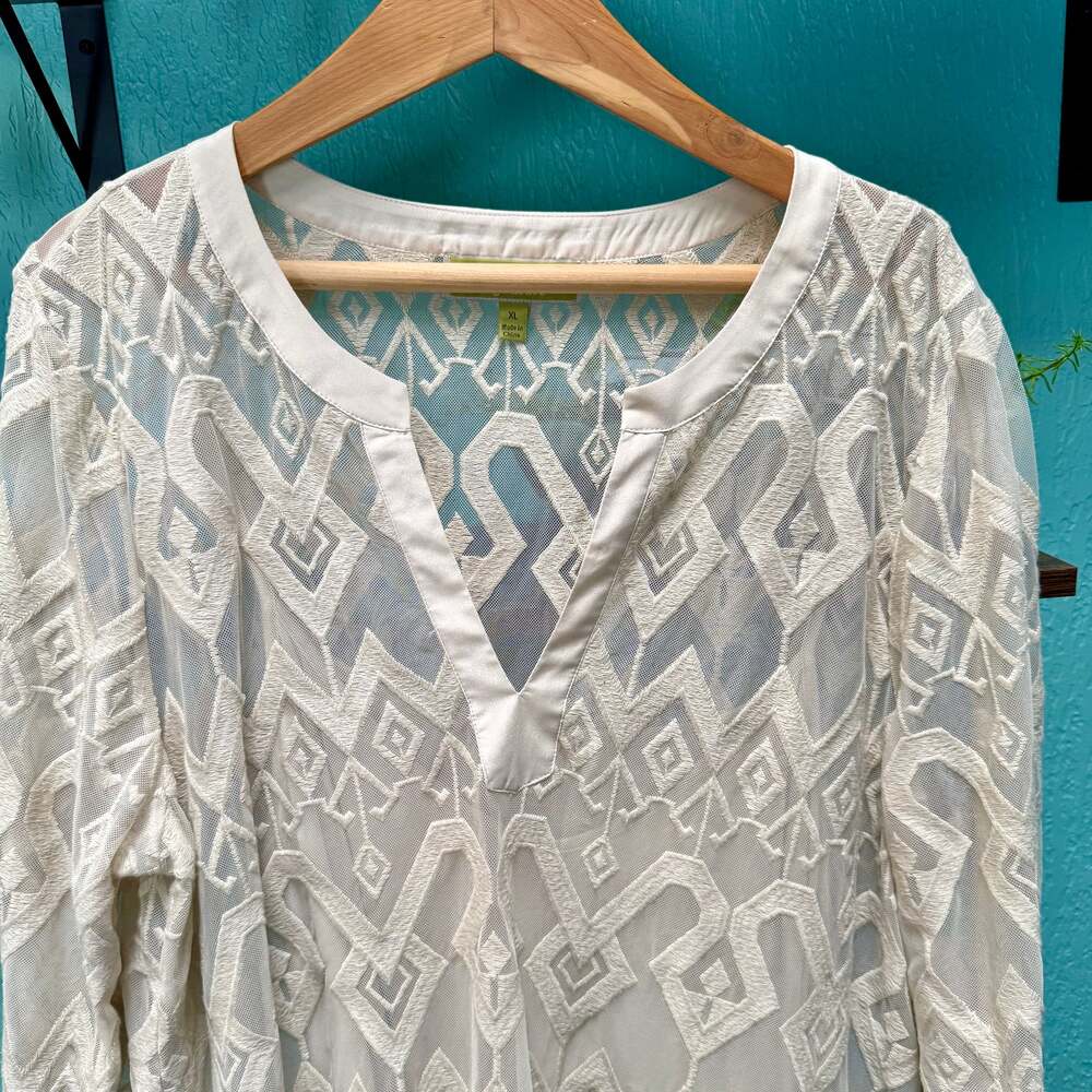 Sigrid Olsen Signature NWT Beige Lace Tunic Sheer Flowy Boho Blouse Resortwear